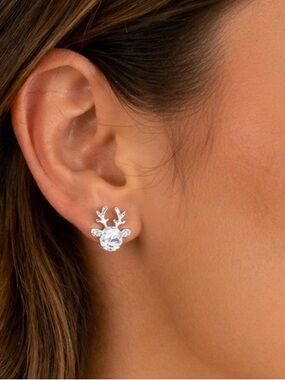 Crystal Reindeer Stud Earrings Silver Tone Christmas Holiday Jewelry